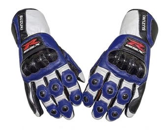 Guantes de moto hechos a mano azules / Guantes de cuero para motociclismo de competición / Equipamiento para deportes de motor