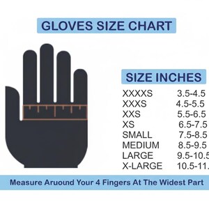 May include: A glove size chart with a hand silhouette and a ruler graphic. The chart lists sizes from XXXXS to X-LARGE, with corresponding measurements in inches, ranging from 3.5 to 11.5 inches. Text at the bottom reads: Measure Around Your 4 Fingers At The Widest Part.