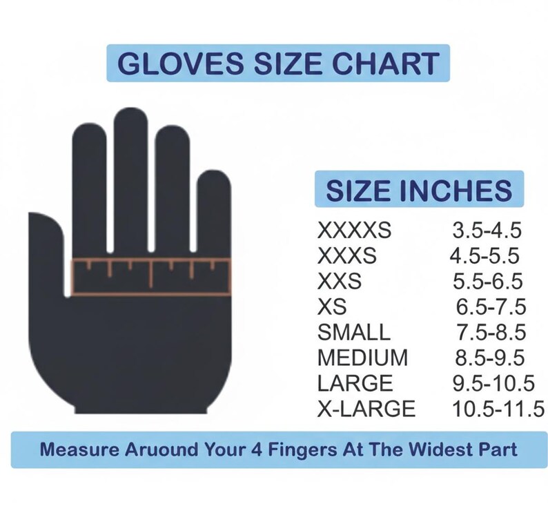 May include: A glove size chart with a hand silhouette and a ruler graphic. The chart lists sizes from XXXXS to X-LARGE, with corresponding measurements in inches, ranging from 3.5 to 11.5 inches. Text at the bottom reads: Measure Around Your 4 Fingers At The Widest Part.