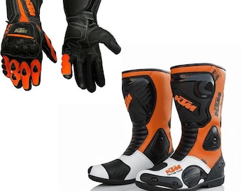 Conjunto de botas y guantes de motociclismo, equipo de cuero para motociclismo, botas de carreras para pista, guantes protectores para motociclismo, negro y naranja.