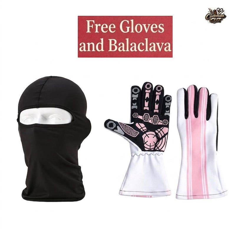 May include: A black balaclava and two gloves. One glove is black, white, and pink with a mechanical design. The other glove is white with pink stripes. The text "Free Gloves and Balaclava" is in a red rectangle.