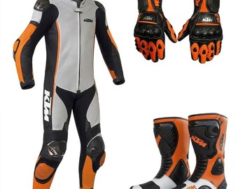 Traje de cuero para hombre, botas y guantes para motociclismo: equipo de protección para pista/deportes de motor, color blanco y naranja.