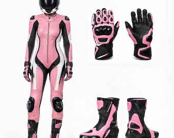Conjunto de traje de motociclista, botas y guantes, rosa y negro: guantes y botas de cuero para motociclistas / traje de carreras / equipamiento para deportes de motor.