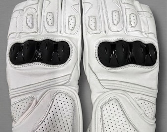 Guantes de moto hechos a mano en blanco y negro / Guantes de cuero personalizados para motociclistas de carreras
