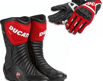 Conjunto de botas y guantes de motociclismo, equipo de cuero para motociclismo, botas de carreras para pista, guantes protectores para motociclismo, rojo.