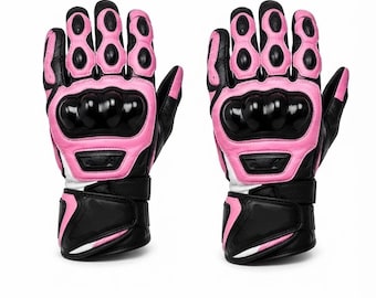 Guantes de moto hechos a mano en negro y rosa / Guantes de cuero personalizados para motociclistas de carreras para mujer