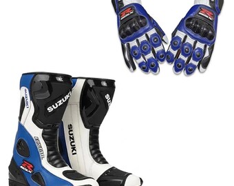 Conjunto de botas y guantes de motociclismo, equipo de cuero para motociclismo, botas de carreras para pista, guantes protectores para motociclismo, azul y blanco.