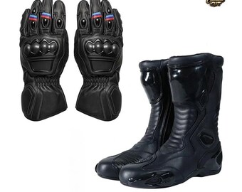 Conjunto de botas y guantes de motociclismo, equipo de cuero para motociclismo, botas de carreras para pista, guantes protectores para motociclismo, negro.