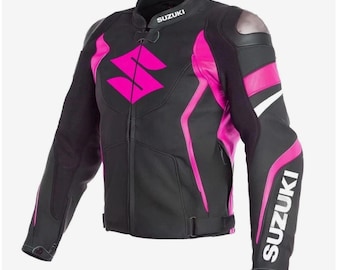 Chaqueta de motociclista personalizada hecha a mano, rosa y negra / Equipamiento para deportes de motor estilo motociclista