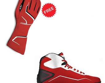 Conjunto de zapatos y guantes de carreras de karts rojos hechos a mano y personalizables, botas de carreras para deportes de motor, equipo de conducción de karts, zapatos de carreras con guantes de regalo.