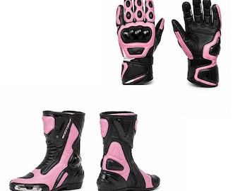Motorcycle Racing Boots and Gloves Set, Florent Pink, Leather Riding Gear, Track Racing Boots, Protective Motorcycle Gloves, Black