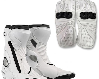 Conjunto de botas y guantes de motociclismo, equipo de cuero para motociclismo, botas de carreras para pista, guantes protectores para motociclismo, blanco.