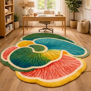 May include: A vibrant, flower-shaped rug with a gradient design. The rug showcases green, blue, yellow, and red colours, with a cream border. The rug is positioned on a wooden floor in a bright room, creating a focal point.