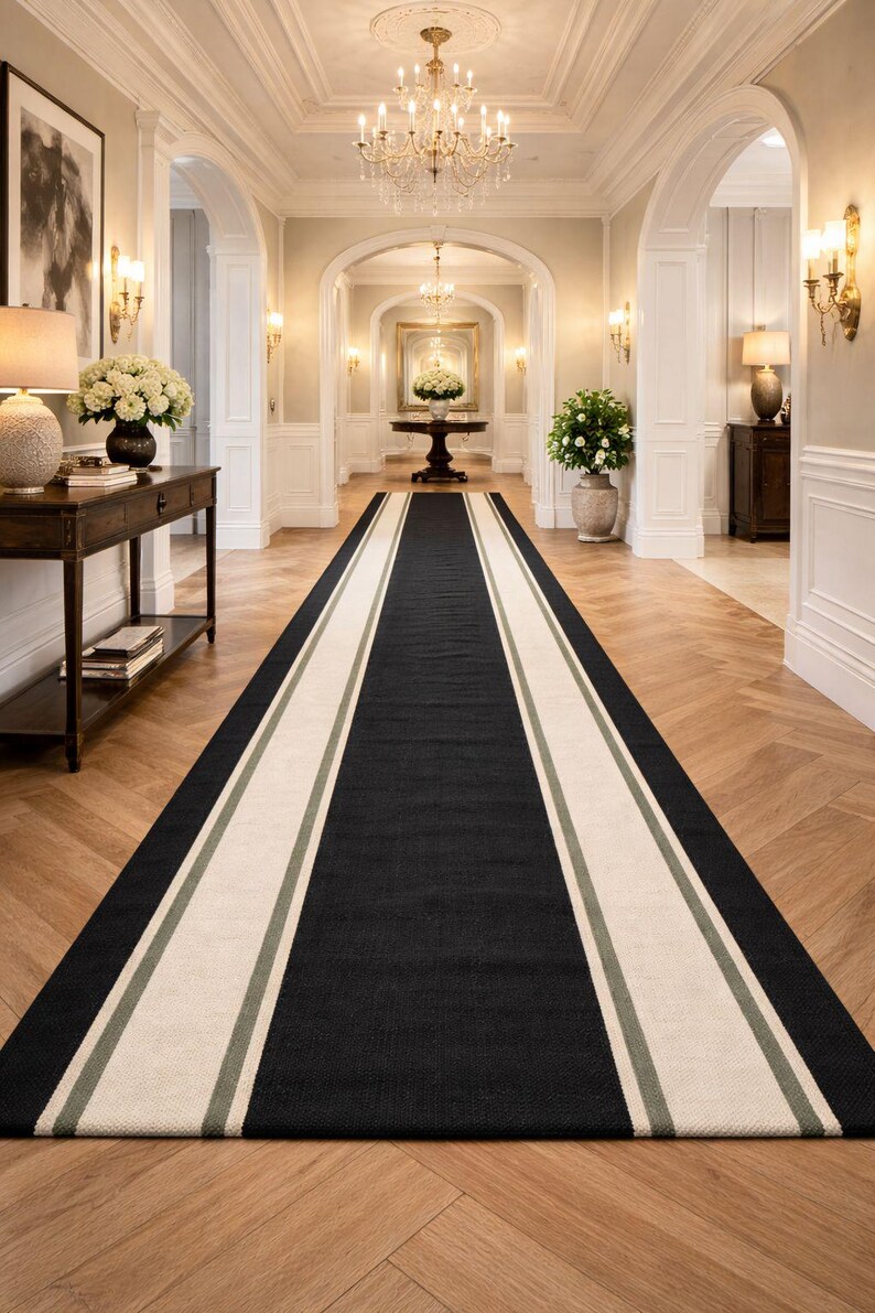 Frontgate Rug Runners Handmade Hallway Runner Rug, Black Striped Runner Rug, Modern Corridor ...