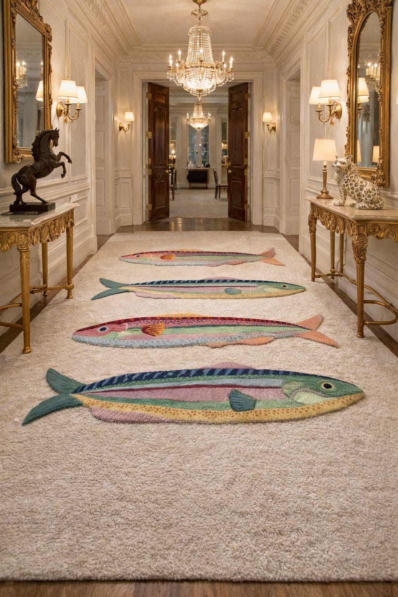 Colorful Fish Area Rug, Coastal Ocean Marine Life Carpet, Beach House ...