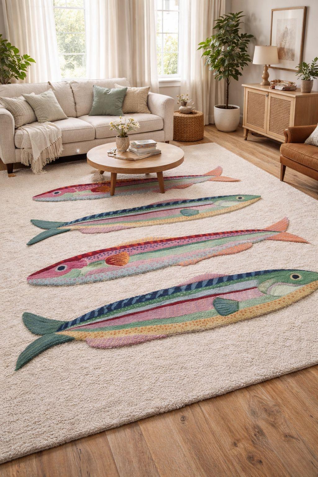 Colorful Fish Area Rug Coastal Ocean Marine Life Carpet Beach House ...