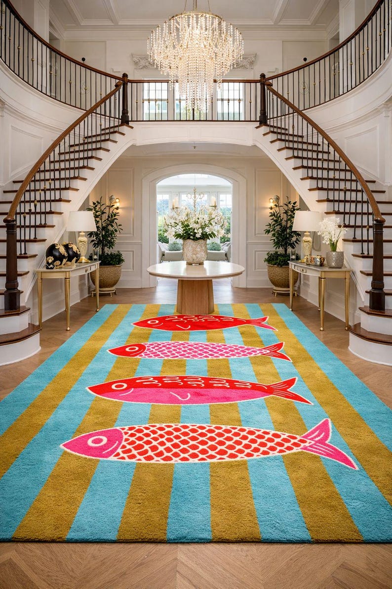 Colorful Fish Area Rug | Coastal Striped Nautical Carpet | Modern ...