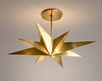 Mid Century Modern Brass Starburst Chandelier, Geometric Sputnik Star Ceiling Light Fixture, Raw Brass Hanging Pendant Lighting
