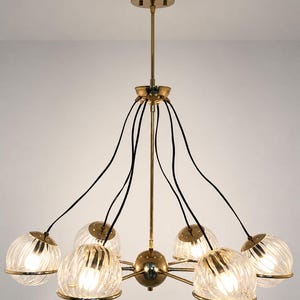 Handmade 6 Light Ribbed Glass Globes Shade Mid Century Modern Raw Brass Linear Sputnik chandelier light Fixture