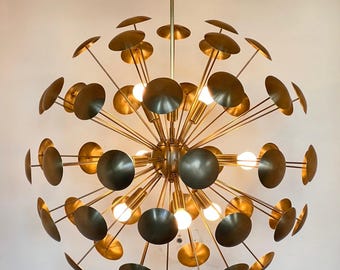 Mid Century Raw Brass Sputnik Chandelier - 9 Light Flushmount Ceiling Lamp