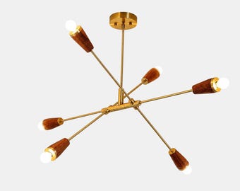 Altona kale bol kroonluchter 6 lichtbalans hanger halverwege de eeuw modern ruw messing spoetnik walnoot lichtpunt
