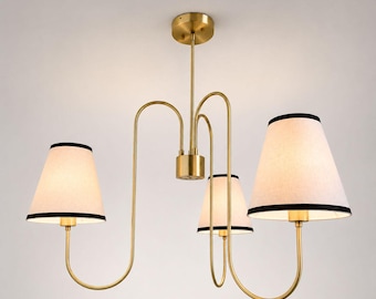 Jean Royere Pendant Light Three Shade Chandelier | Mid-Century Modern French Ceiling Light Linen Shade Sputnik Light with Fabric Shades