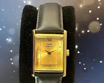 Vintage HMT Ashwini Mens Gold Tank Watch – Mechanical Rectangular Sunburst Dial