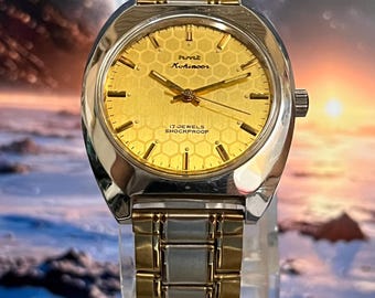 Vintage HMT Kohinoor Mechanical Watch | Honeycomb Dial, Dual-Tone Bracelet, 17 Jewels