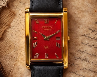 Seiko Tank Style Watch | Red Dial, Gold Tone Case, Roman Numerals, Black Leather Strap
