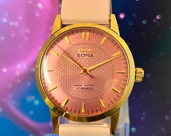 Vintage HMT Sona Gold Plated Watch | Salmon Pink Textured Dial, 17 Jewels Mechanical