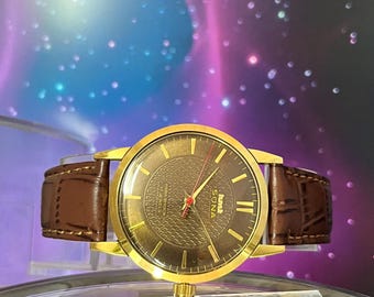 Vintage HMT Sona Gold-Plated Mechanical Watch | Chocolate Textured Dial, 17 Jewels, Slim Men's Watch