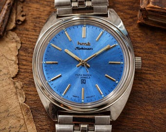 Vintage 1980s HMT Kohinoor Mechanical Watch | Blue Sunburst Dial Men's Dress Watch
