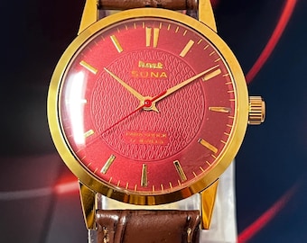 HMT Sona Vintage Gold Watch | Textured Red Dial, 17 Jewels Mechanical, Indian Wrist Watch
