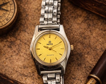 Vintage HMT Ladies Quartz Watch | Gold Dial Stainless Steel Bracelet, Classic Indian Wristwatch