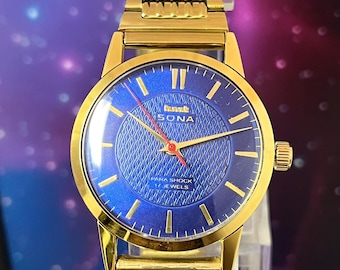 HMT Sona Vintage Gold Tone Watch | Blue Textured Dial, 17 Jewels Mechanical Wrist Watch