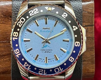 Vintage HMT Himalaya Ice Blue Dial Mechanical Watch | 17 Jewels Diver Style Bezel