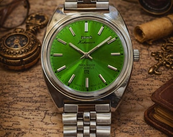 Vintage HMT Kohinoor Green Sunburst Mechanical Watch | Steel Bracelet, India Classic