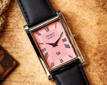 Seiko Tank Style Pink Dial Watch | Vintage Rectangular Roman Numeral Dress Watch