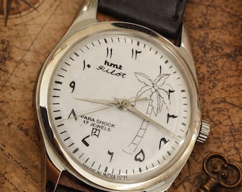 Vintage HMT Pilot Mechanical Watch | 17 Jewels Para Shock Arabic Dial Palm Leather Strap