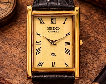 Vintage Seiko Quartz Tank Watch | Gold Roman Numeral Dress Watch