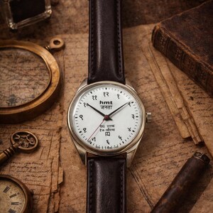 May include: A vintage wristwatch with a white face and black numerals, featuring the text "hmt जनता". The watch has a brown leather band and is set against a backdrop of antique items, including a compass and a pen.