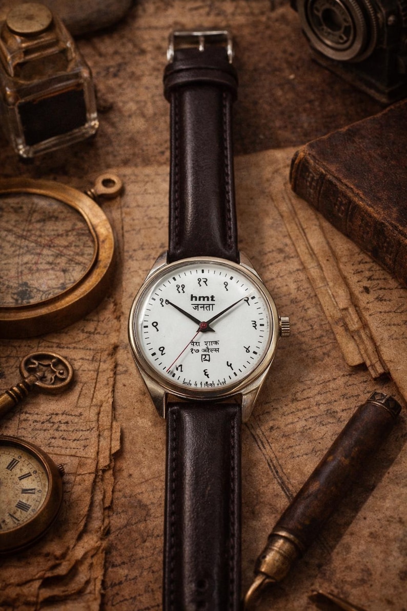 May include: A vintage wristwatch with a white face and black numerals, featuring the text "hmt जनता". The watch has a brown leather band and is set against a backdrop of antique items, including a compass and a pen.
