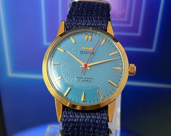 HMT Sona Vintage Watch | Sky Blue Dial | Gold Tone Case | 17 Jewels Mechanical Wristwatch