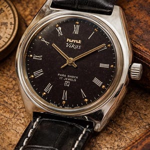 Vintage HMT Vikas klocka | Svart romersk urtavla | Mekanisk handuppdragning med 17 juveler