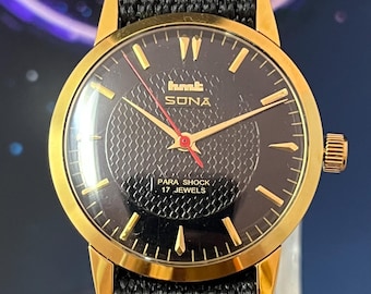 Vintage HMT Sona Gold Watch | Black Textured Dial, 17 Jewels Hand-Winding, Slim Dress Profile