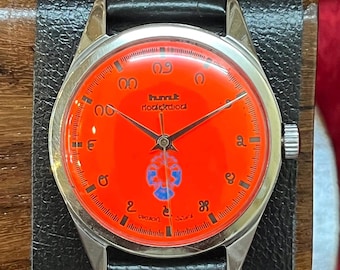 Vintage HMT Gandabherunda Orange Devanagari Dial Mechanical Watch Men
