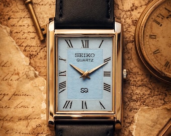 Vintage Seiko Tank Watch | Rectangular Roman Numeral Dial, Black Leather Strap