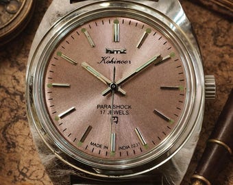 Vintage HMT Kohinoor Mechanical Watch | Pink Sunburst Dial, 17 Jewels Parashock