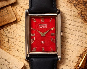 Seiko Tank Watch Red Dial | Vintage Rectangular Dress Watch Roman Numerals