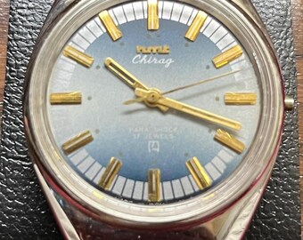 Vintage HMT Blue Sunburst Dial Mechanical Watch | 17 Jewels Hand Winding Dress Watch